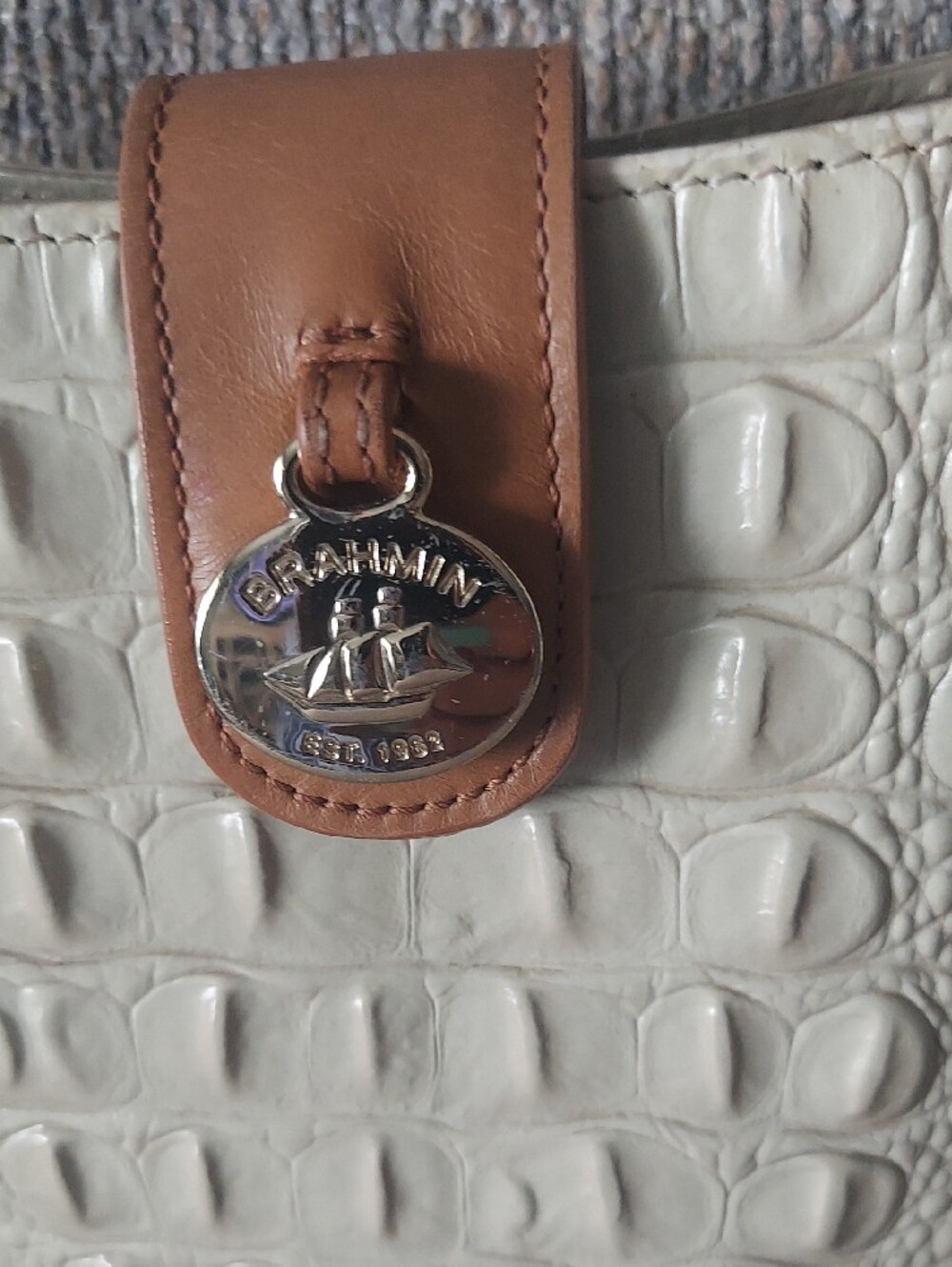 Brahmin Cream Croc-Embossed Crossbody with Pink Floral Trim and Tan Strap - Picture 5 of 8
